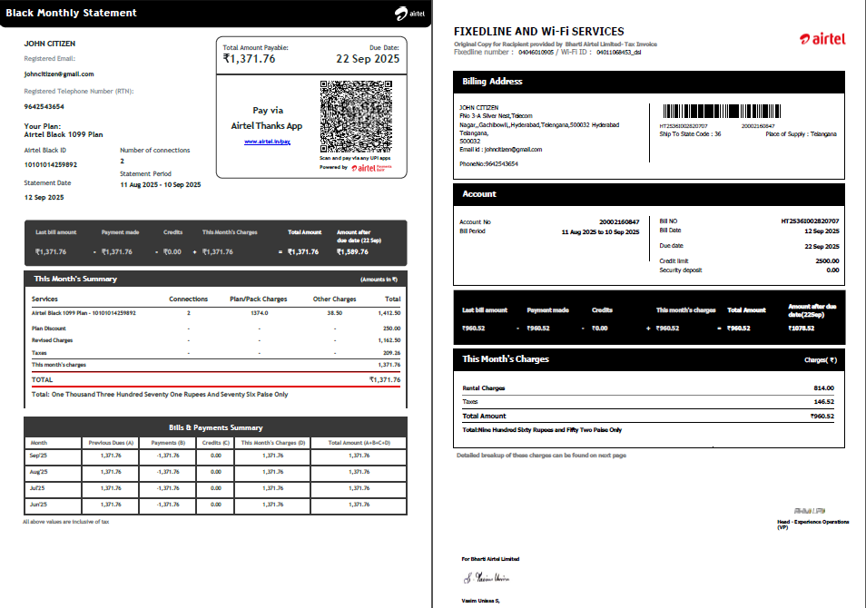 India Airtel utility bill template in Word and PDF formats, 2 pages, version 5